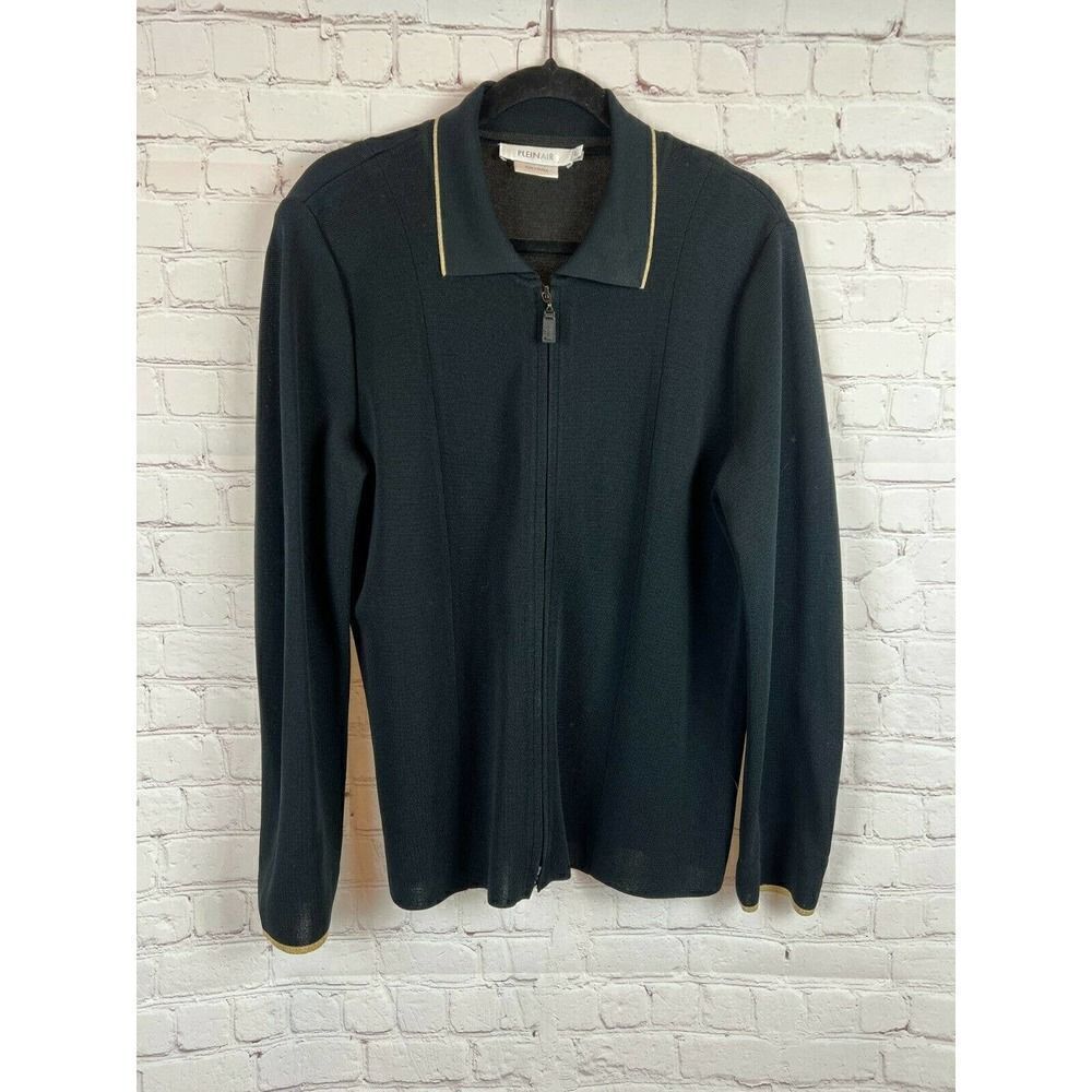 PLEIN AIR black gold trim knit fill zipper collared cardigan sweater pullover L